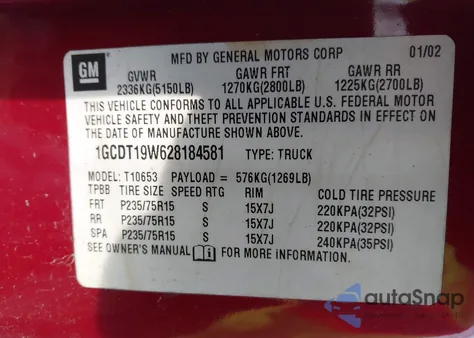 2002 Chevrolet S-10 Ls из США, поврежденный, VIN 1GCDT19W628184581